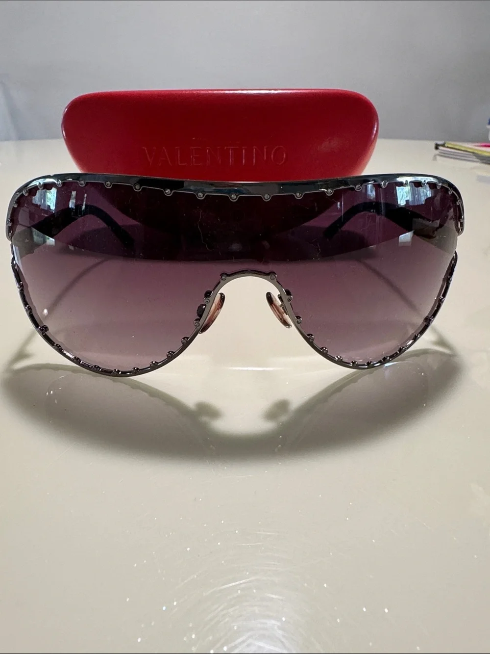 Pre-Loved Valentino Shield Sunglasses with Purple Gradient Lenses